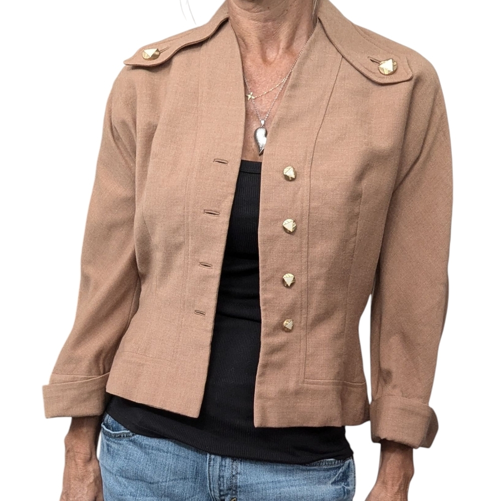 Vintage 1950s Tailored Wool Cropped Jacket Sz S | Gold Button Military Style